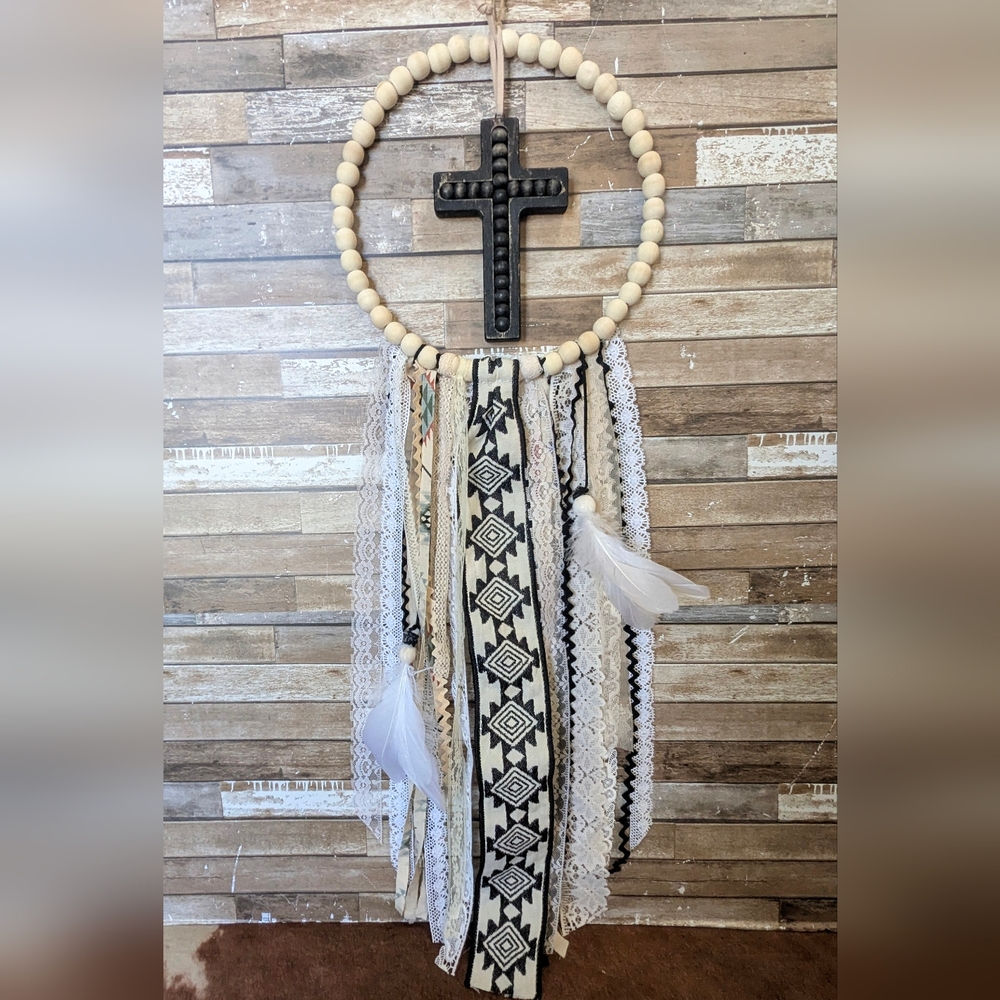 New Handcrafted Boho Dreamcatcher With Rustic Wooden Cross & Feathers - Picture 7 of 9
